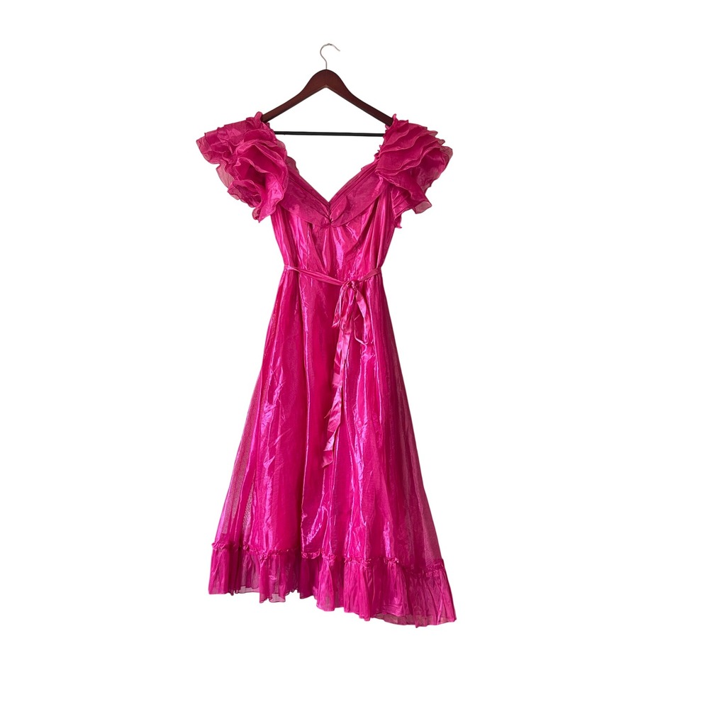 Vintage 80s Hot Pink‎ Organza Ruffle Sleeve Midi Dress Prom Party Shimmer Xsmall